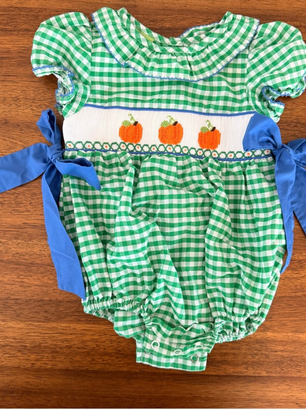 Green Gingham Pumpkin Smocked Romper with Blue Bows
